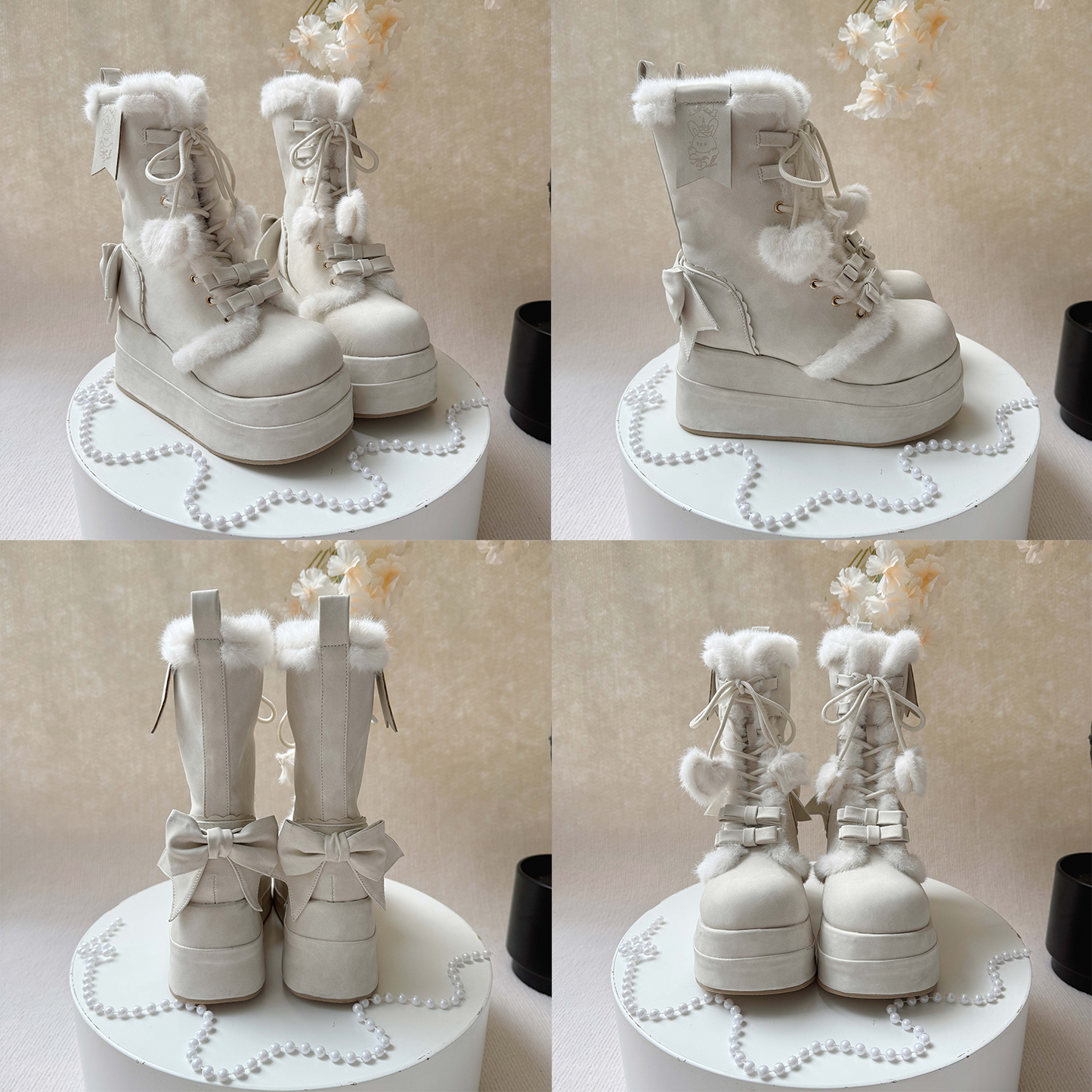 Collage of white winter boots with fluffy tops on a decorative stand.