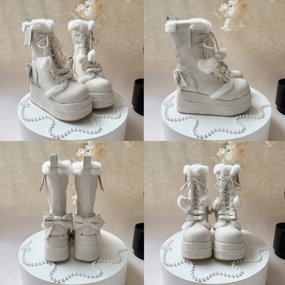 Collage of white winter boots with fluffy tops on a decorative stand.
