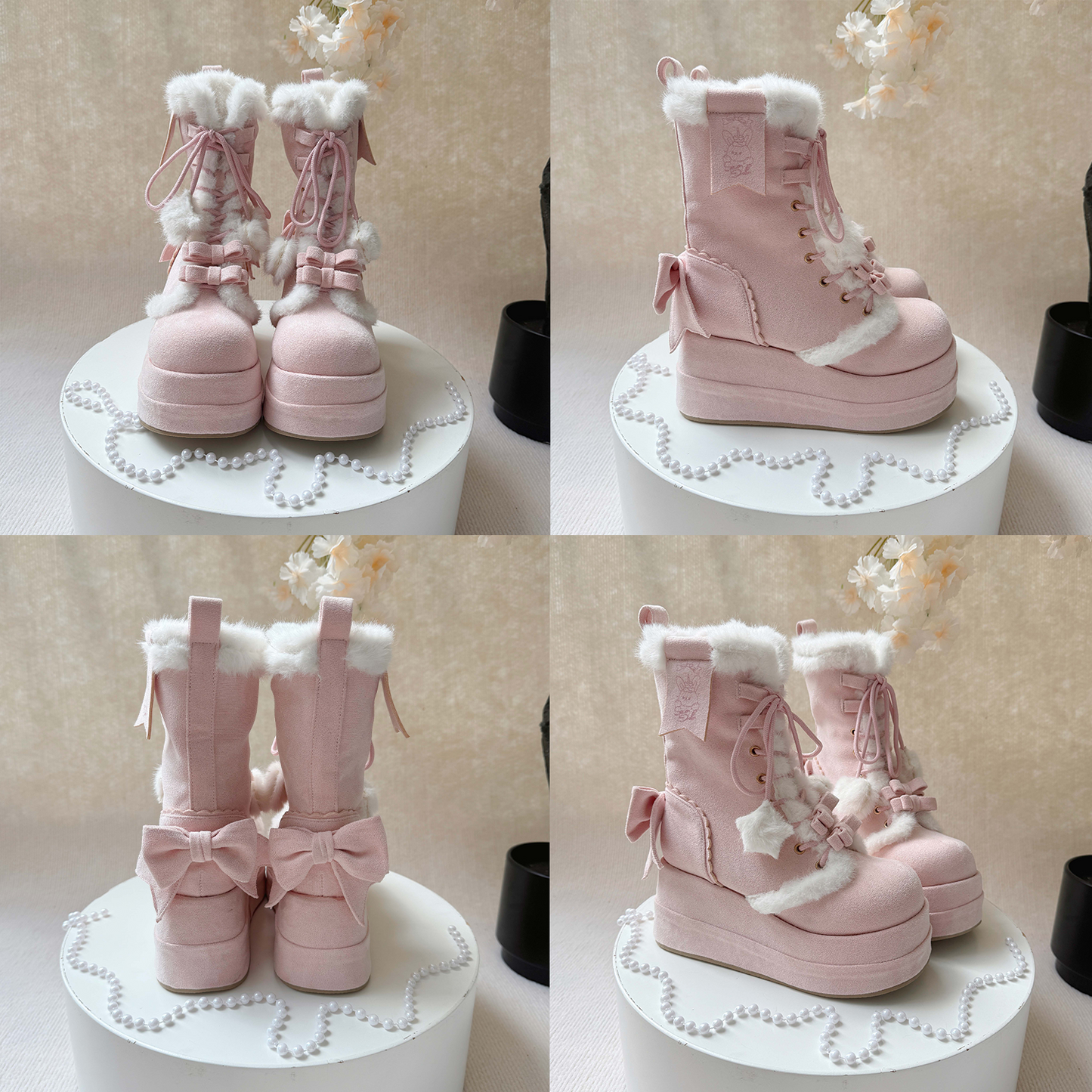 Collage of pink winter boots with white fur and bows on a beige background