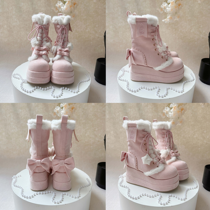Collage of pink winter boots with white fur and bows on a beige background