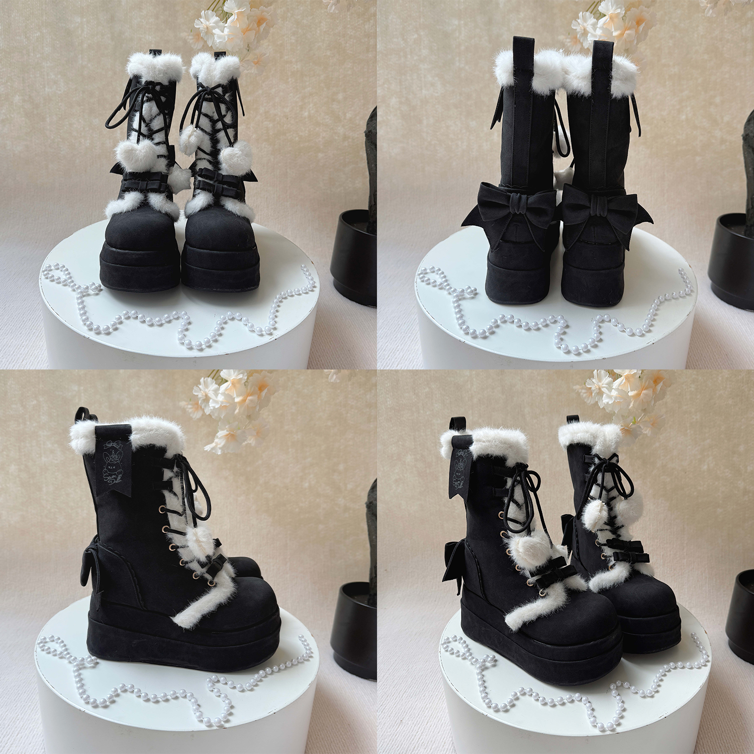 Black boots with white fur trim on a decorative stand against a beige background