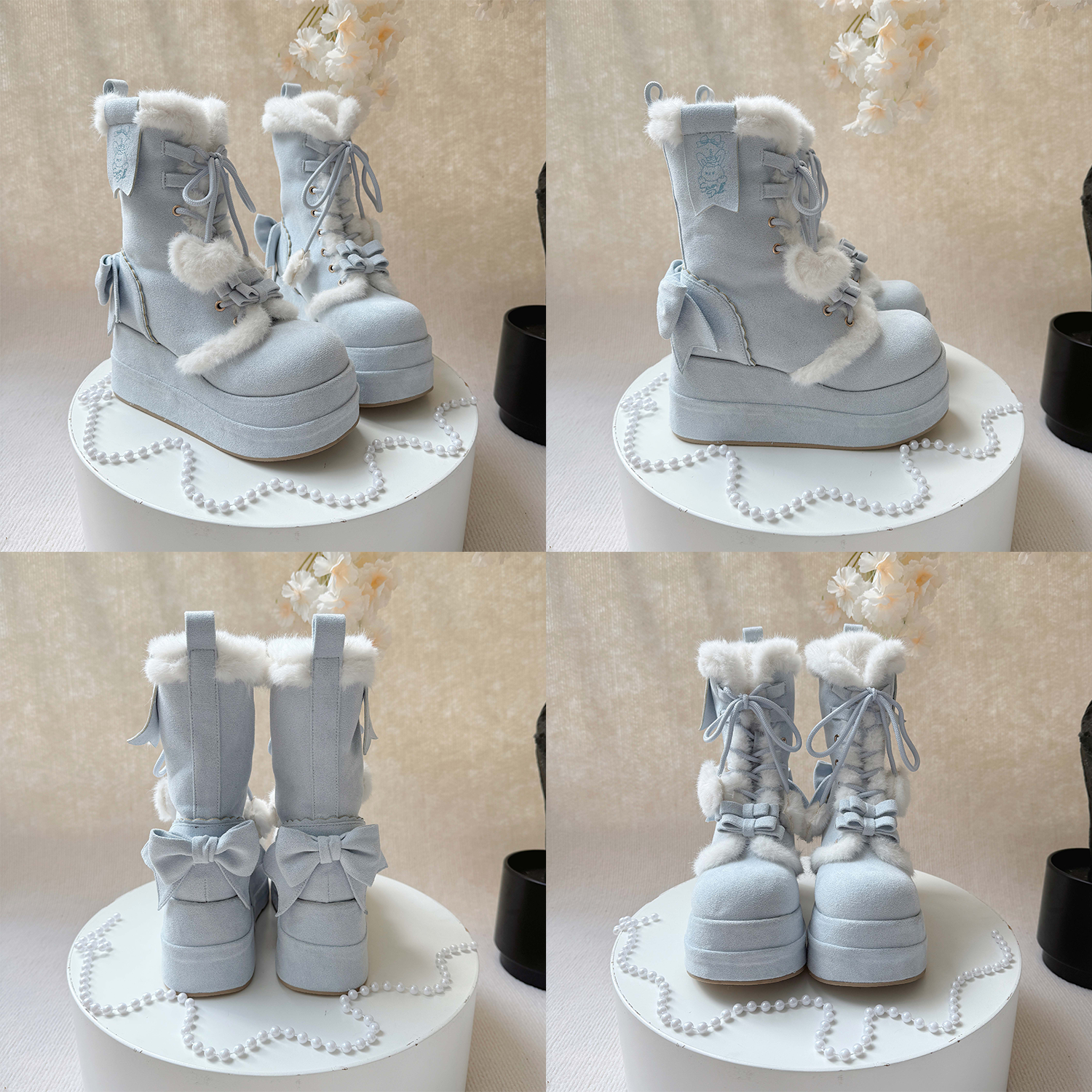Collage of blue winter boots with fluffy tops on a white base.