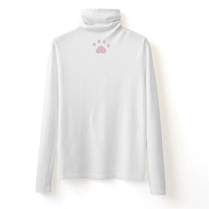 White turtleneck sweater with a pink paw print on a white background
