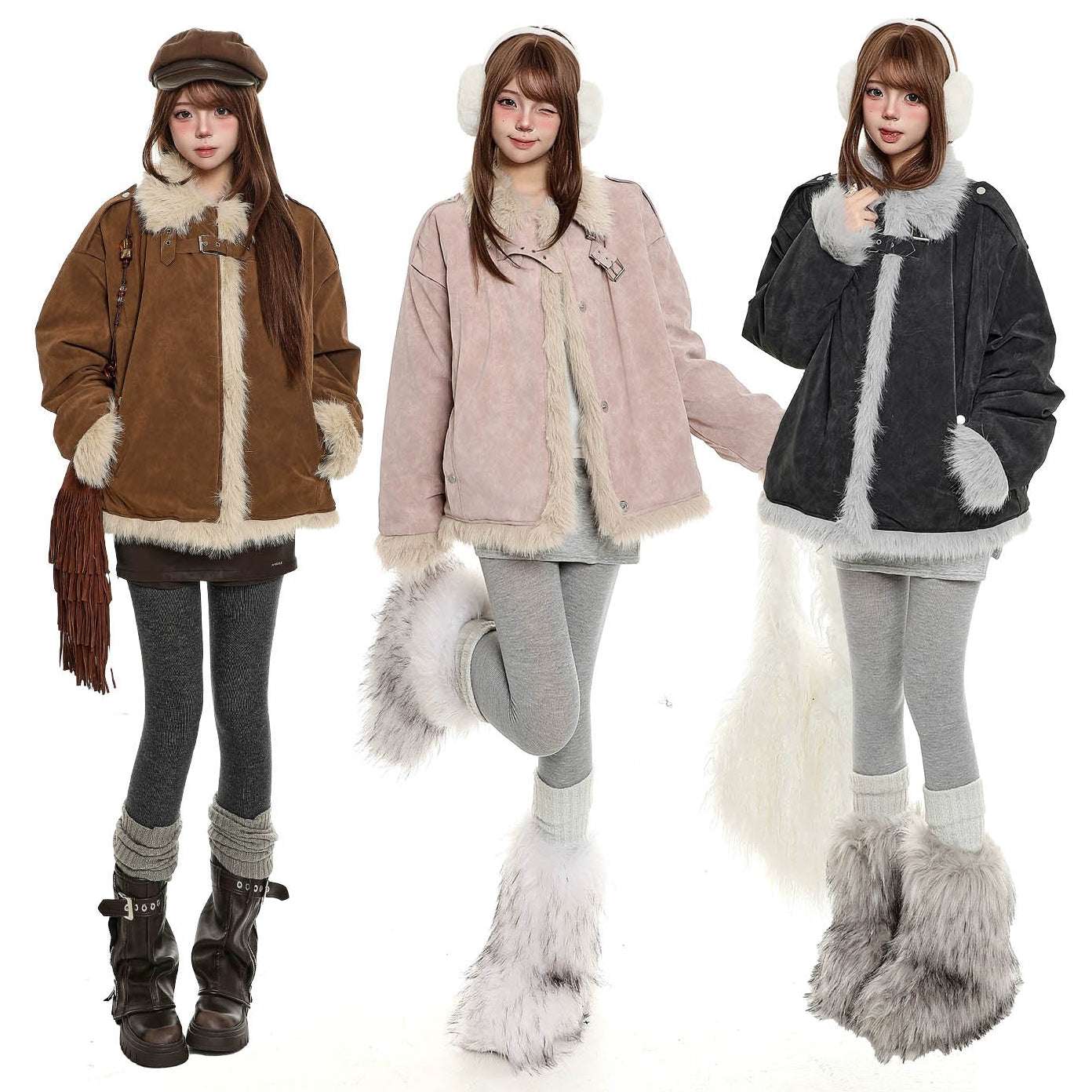 Three women wearing shearling jackets and accessories on a white background