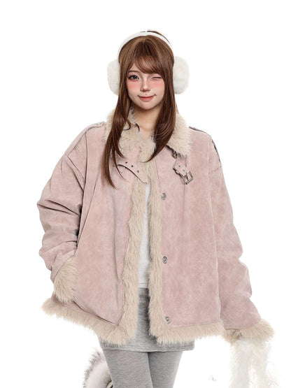 Person wearing a pink coat with fur trim and white earmuffs on a white background
