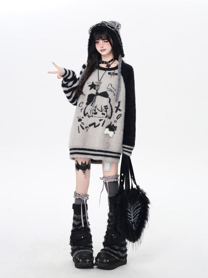 Person wearing a black and white sweater boots on a white background