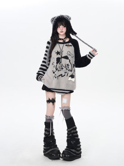 Person wearing a black and white outfit with cat ears and boots on a white background