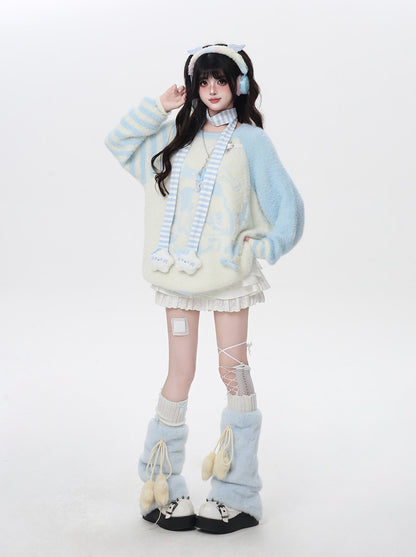 Person wearing a cute outfit with a light blue sweater, white skirt, and matching shoes on a white background