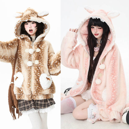 Two people wearing animal-themed deer hoodies, one in brown and white, the other in pink and white.