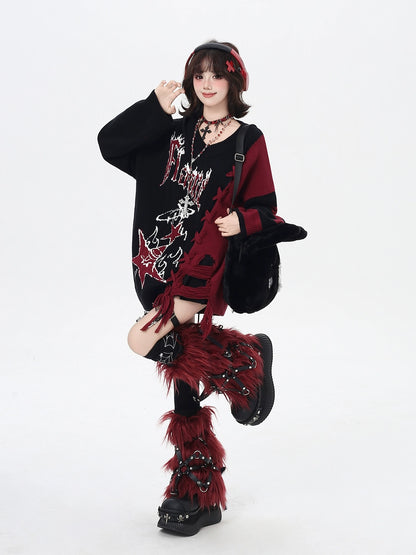 Person wearing a black and red outfit with feathered boots on a white background