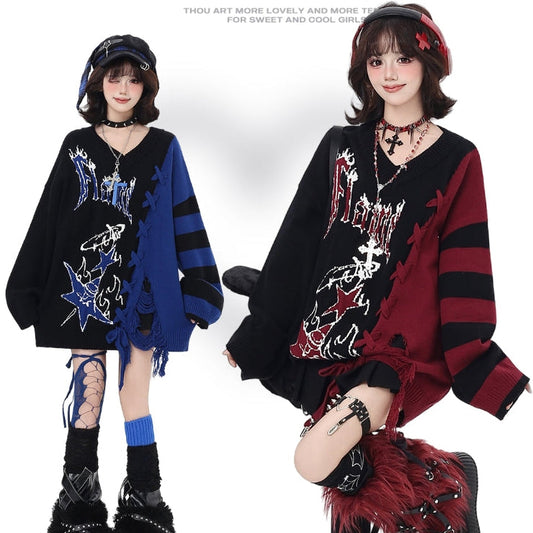 Two individuals wearing black and red outfits with graphic designs on a white background