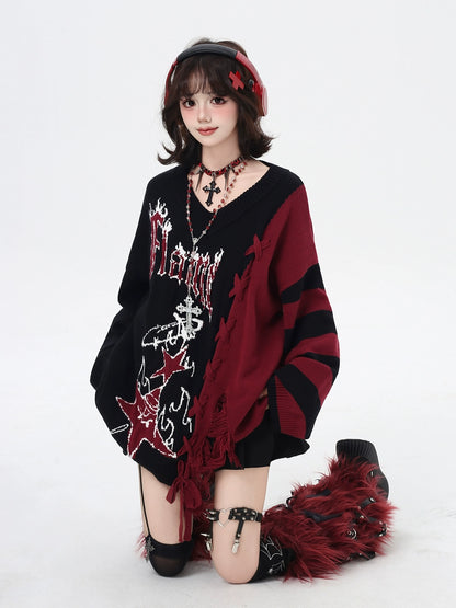 Person wearing a black and red outfit with decorative elements on a white background