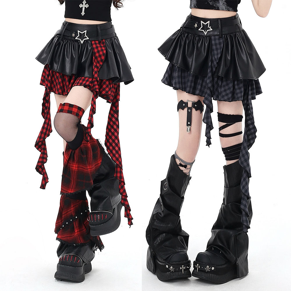 Two outfits with plaid and checkered pants and black high boots on a white background