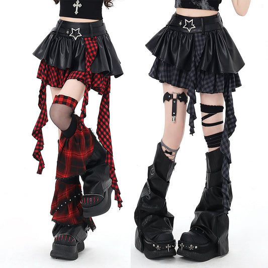 Two outfits with plaid and checkered pants and black high boots on a white background