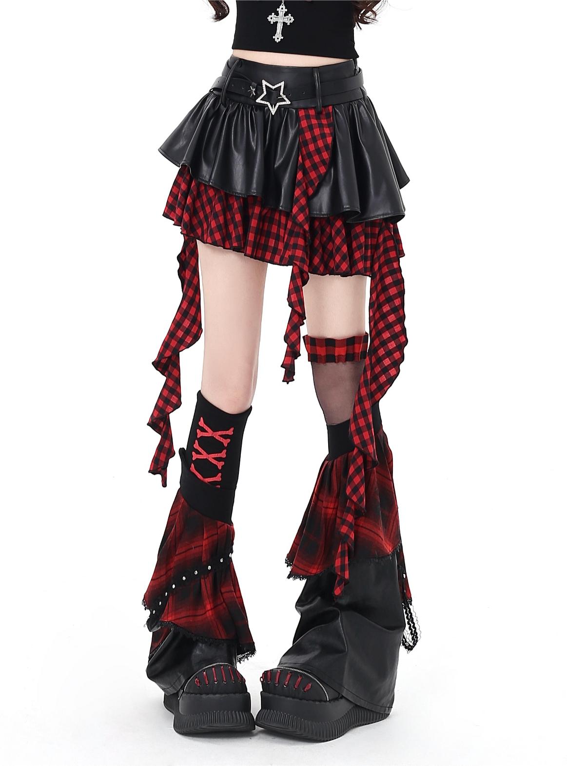 Gothic-style outfit with plaid skirt and boots on a white background