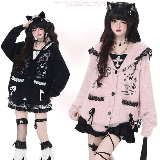 Crazy Girl Lace Bunny Ears Black Pink Fuzzy Cardigan