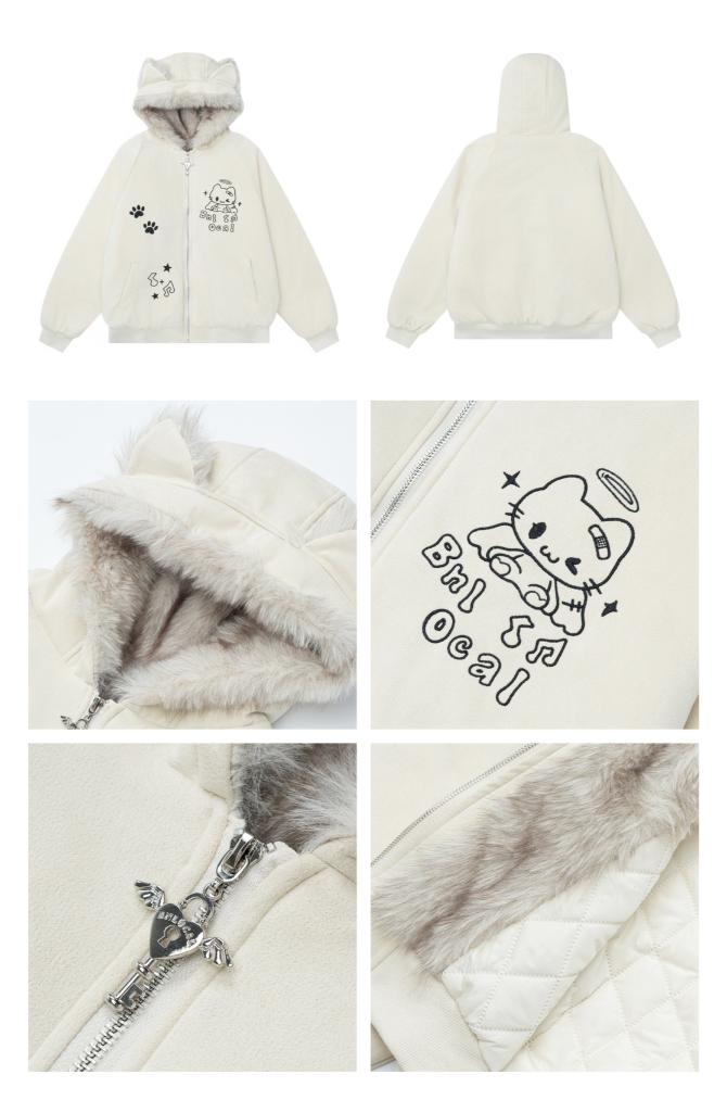 White jacket with fur lining and cartoon character design on a white background