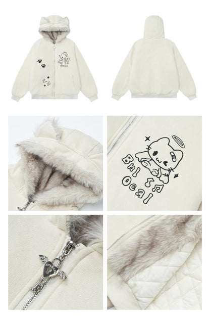 White jacket with fur lining and cartoon character design on a white background