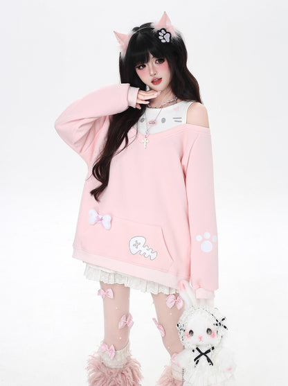 Person wearing a pink cat-themed outfit with white background