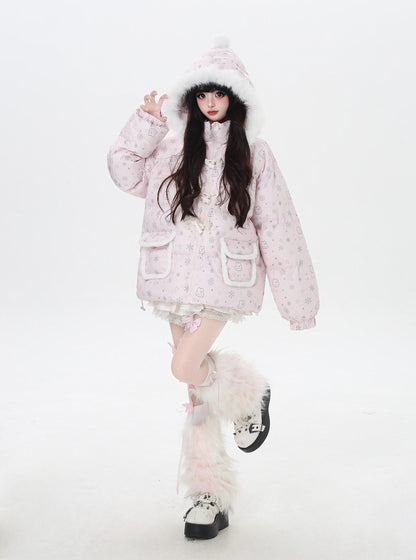 Person wearing a pink floral coat and white boots on a white background