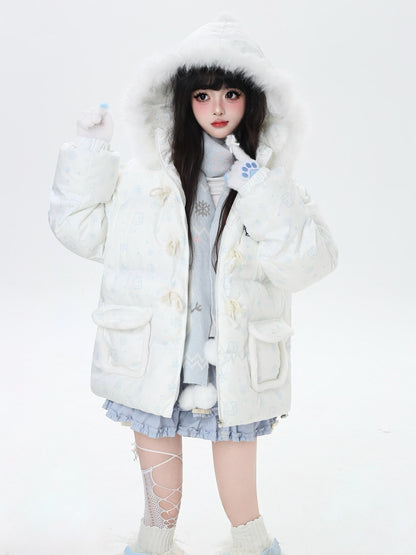 Person wearing a white fluffy coat with a hood on a white background