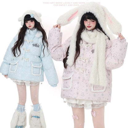 Crazy Girl Snowflake Rabbit Pink Blue Thick Hooded Puffer Jacket