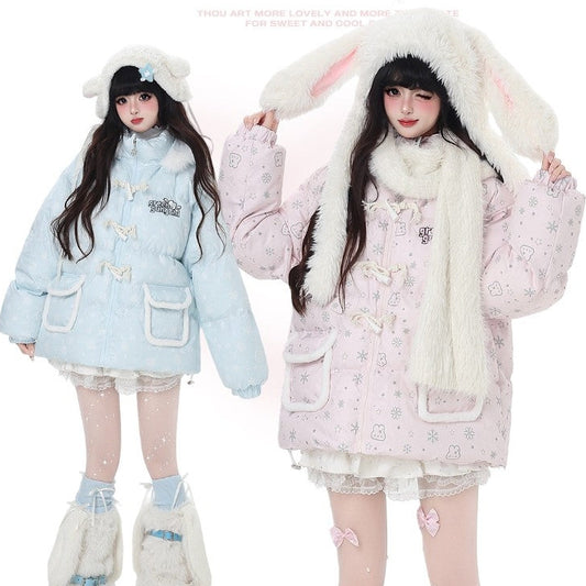 Crazy Girl Snowflake Rabbit Pink Blue Thick Hooded Puffer Jacket