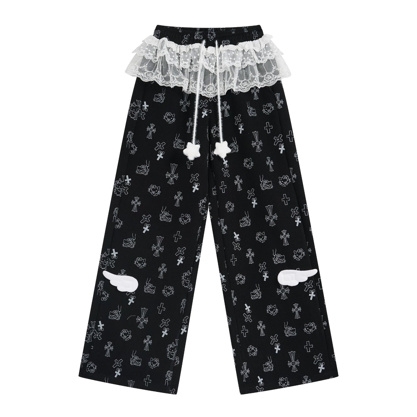 Black pants with white lace trim and decorative elements on a white background