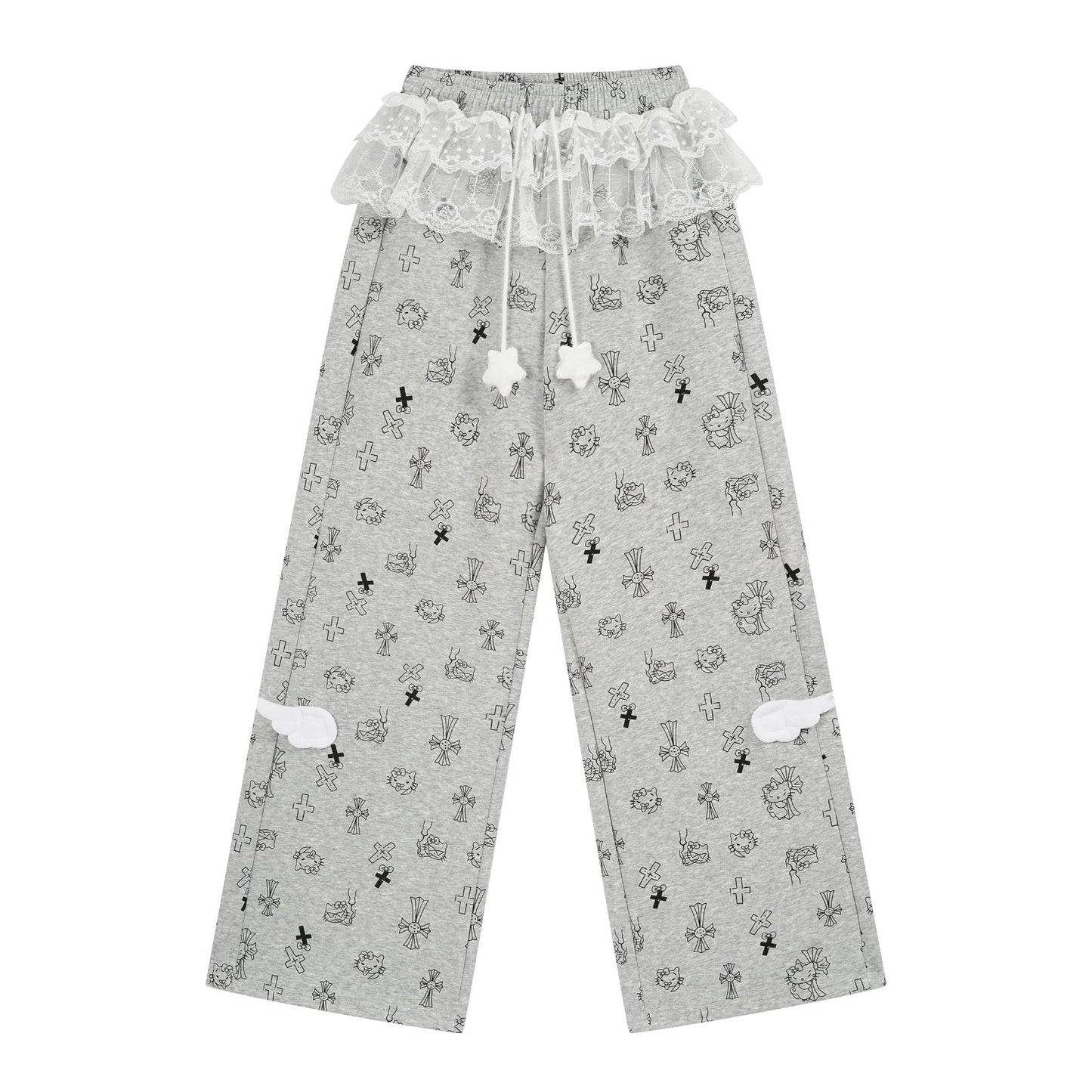 Gray pajama pants with a pattern on a white background