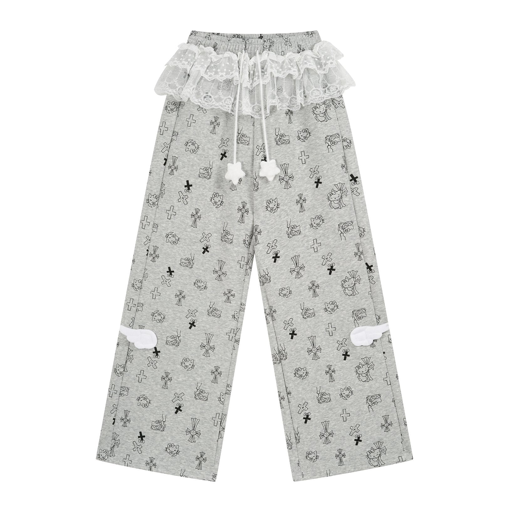 Gray pajama pants with a pattern on a white background