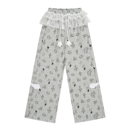 Gray pajama pants with a pattern on a white background