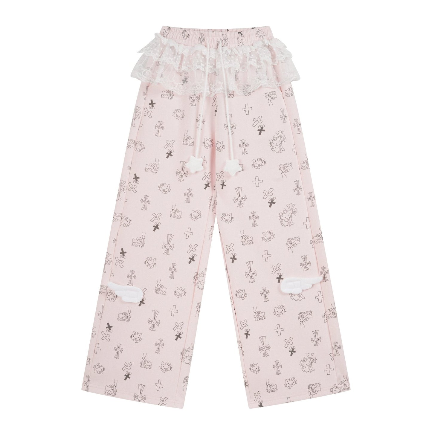 Pink pajama pants with cartoon character print on a white background