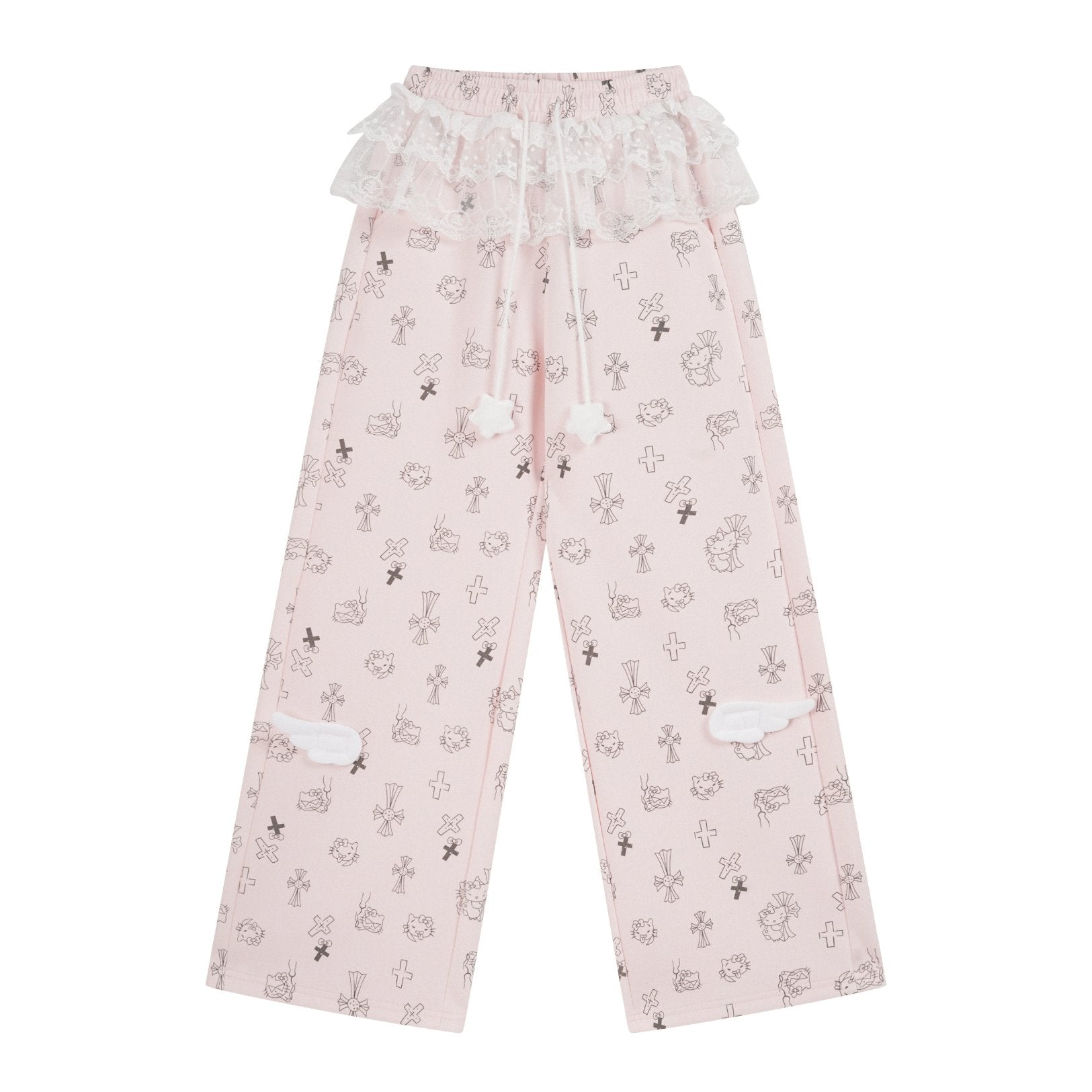 Pink pajama pants with cartoon character print on a white background