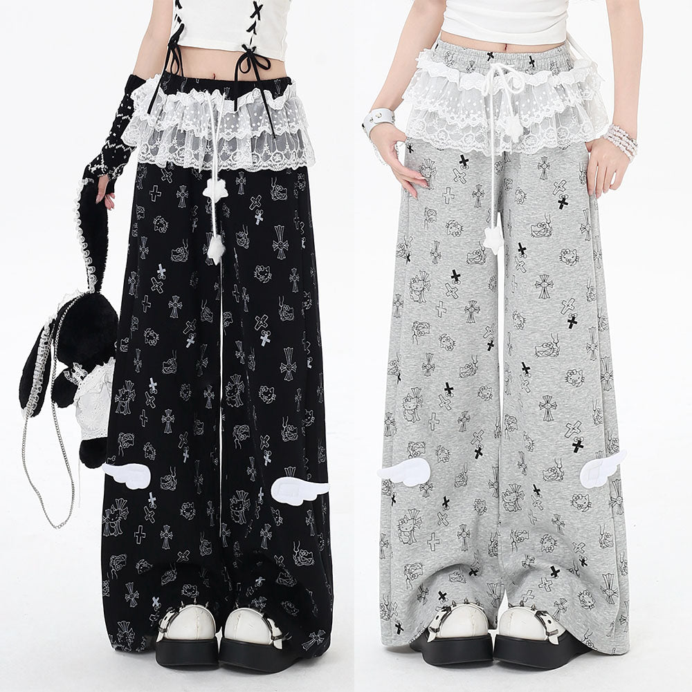 Crazy Girl Star Kitty Pink Black Gray Elastic Pants