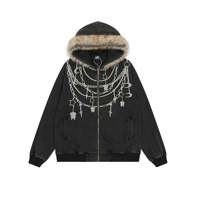 Black jacket with fur-lined hood and decorative chains on a white background