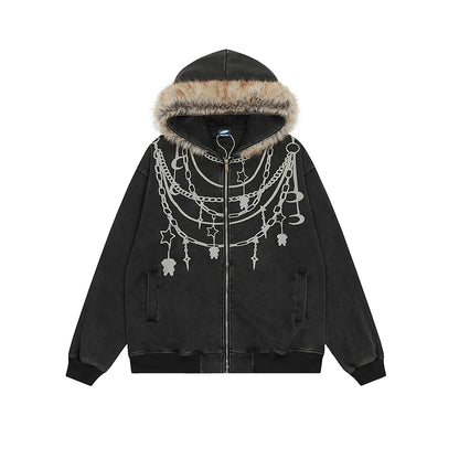 Black jacket with fur-lined hood and decorative chains on a white background