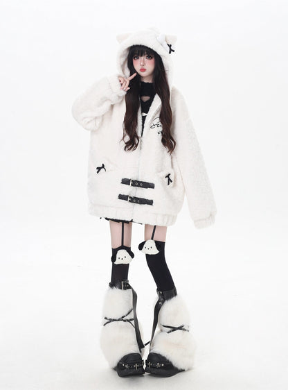 Person wearing a white penguin-themed coat and boots on a white background