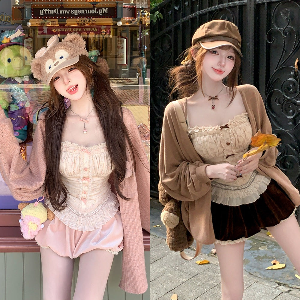 Two images of a person in cute outfits with pink and brown.