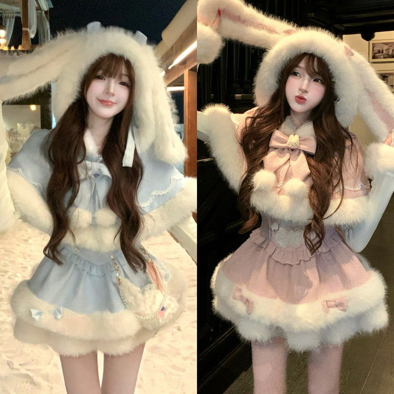 Two images of a person in a bunny costume with fluffy ears and a outfit featuring bows and a skirt.