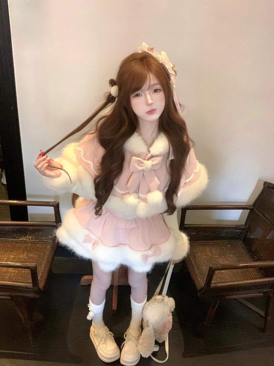 Person wearing a cute winter pink outfit with white fur trim in an indoor setting