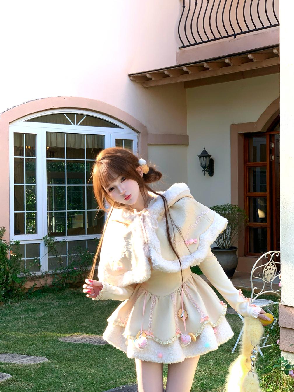 Creamy Cute Yellow Pudding Cape Sweater Dress Three Piece Set – Sugarplum Store
