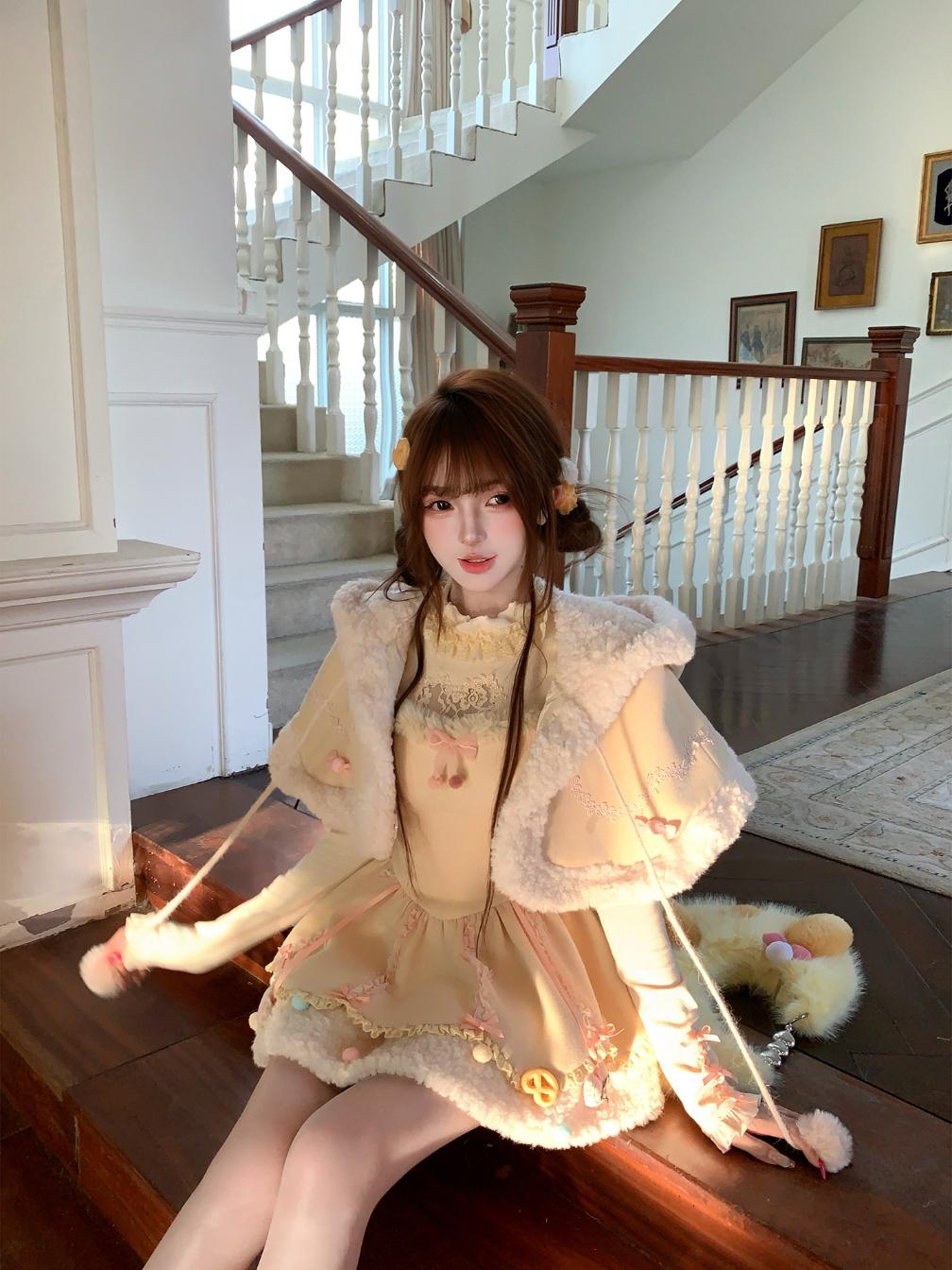 Person in a decorative outfit sitting on a staircase in a home setting