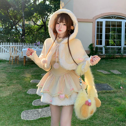 Person wearing a cute outfit with a fluffy bag in an outdoor setting