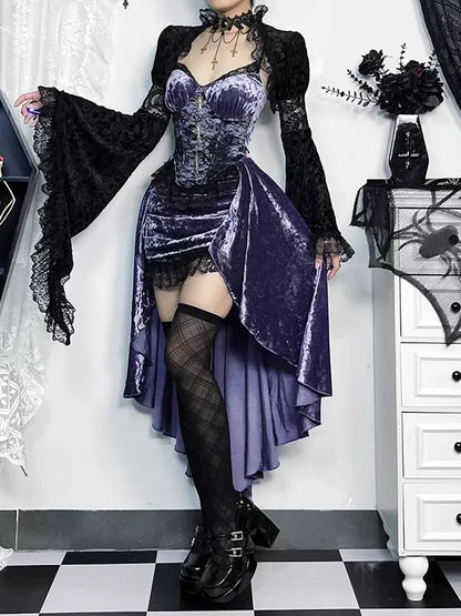 Person wearing a gothic-style outfit with a purple dress and black accessories in a decorated room.