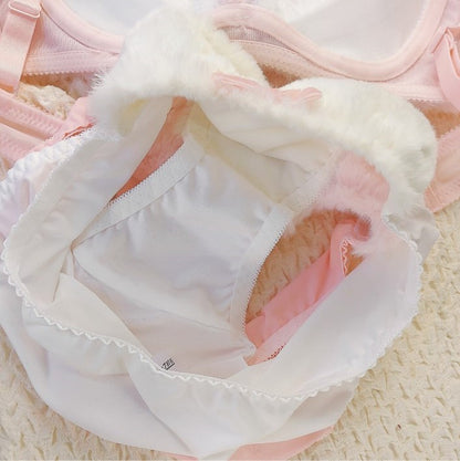 Pink & White Cute Cinnamon Dog Winter Plush Underwear Lingerie Bra Panties Set