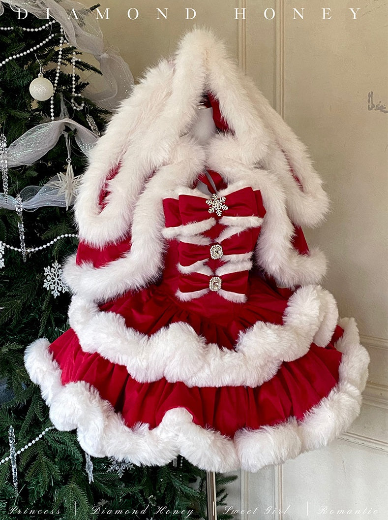 Decorative Christmas dress with red and white ruffles and fur trim