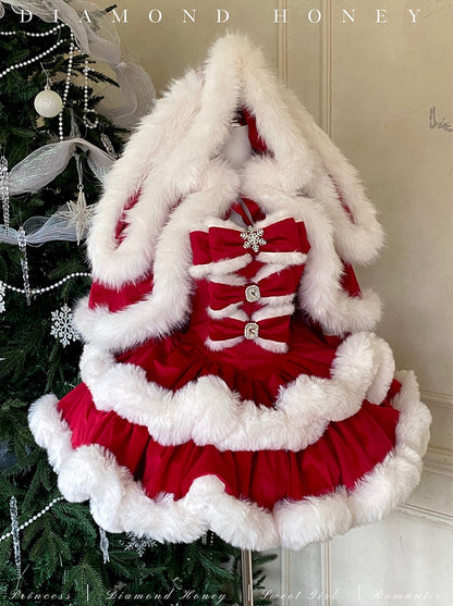 Decorative Christmas dress with red and white ruffles and fur trim