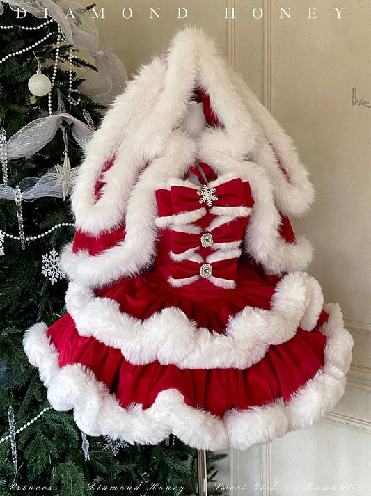 Decorative Christmas dress with red and white ruffles and fur trim