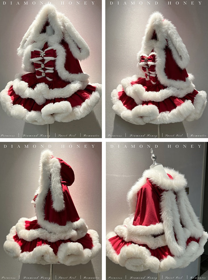 Red and white Christmas dress with fur trim on a gray background