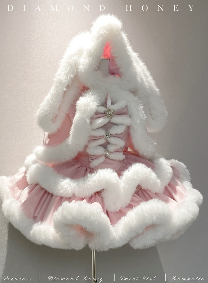 Pink and white fluffy costume on a light gray background